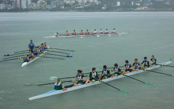 Atletas competindo em barcos durante a Regata Sicoob 40 anos, no Campeonato Catarinense de Remo em Florianópolis.
