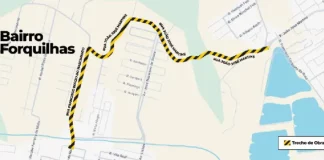 Mapa mostrando as ruas de São José onde o trânsito será afetado pela instalação da nova adutora da CASAN, com destaque para o sistema “pare e siga”.