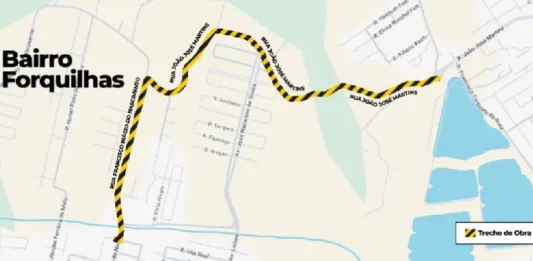 Mapa mostrando as ruas de São José onde o trânsito será afetado pela instalação da nova adutora da CASAN, com destaque para o sistema “pare e siga”.