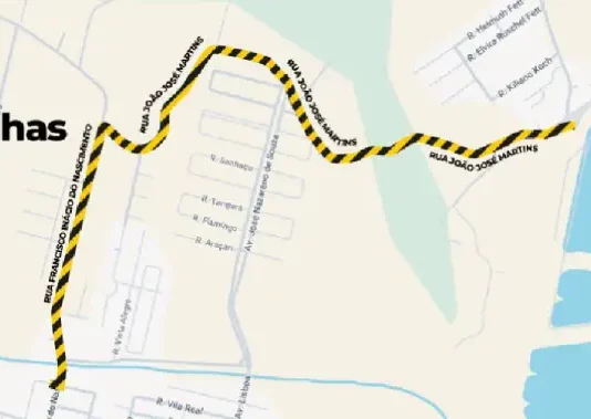 CASAN inicia instalação de adutora em São José; trânsito funcionará em sistema pare e siga Mapa mostrando as ruas de São José onde o trânsito será afetado pela instalação da nova adutora da CASAN, com destaque para o sistema “pare e siga”.