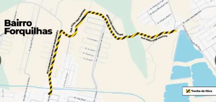 Mapa mostrando as ruas de São José onde o trânsito será afetado pela instalação da nova adutora da CASAN, com destaque para o sistema “pare e siga”.