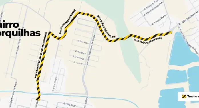 CASAN inicia instalação de adutora em São José; trânsito funcionará em sistema pare e siga Mapa mostrando as ruas de São José onde o trânsito será afetado pela instalação da nova adutora da CASAN, com destaque para o sistema “pare e siga”.