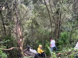 Bombeiro com uniforme amarelo e capacete avalia os destroços de um veículo que caiu em uma ribanceira cercada por mata densa, após grave colisão na BR-282 em Bom Retiro (SC). Ao fundo, um homem observa a cena. Partes do carro estão espalhadas entre a vegetação, indicando a força do impacto.