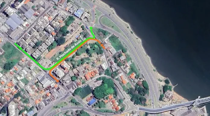 Mapa ilustrando as alterações no trânsito da Rua Machado de Assis, no Estreito, com indicação dos novos sentidos de circulação e pontos de intervenção viária.