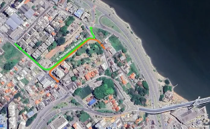 Mapa ilustrando as alterações no trânsito da Rua Machado de Assis, no Estreito, com indicação dos novos sentidos de circulação e pontos de intervenção viária.