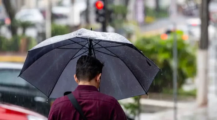 Homem caminhando na chuva com guarda-chuva, mostrando os efeitos da frente fria que provoca chuva intensa e temporais isolados em Santa Catarina.