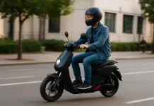 São José se prepara para novas regras de uso de ciclomotores que entram em vigor em 2026 Rapaz conduz ciclomotor pela cidade usando capacete, ilustrando a importância das novas regras de uso de ciclomotores no trânsito.