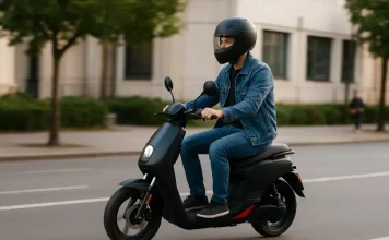 Rapaz conduz ciclomotor pela cidade usando capacete, ilustrando a importância das novas regras de uso de ciclomotores no trânsito.
