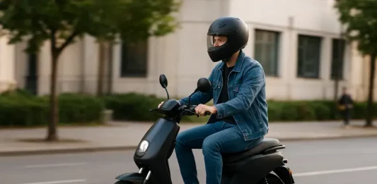 São José se prepara para novas regras de uso de ciclomotores que entram em vigor em 2026 Rapaz conduz ciclomotor pela cidade usando capacete, ilustrando a importância das novas regras de uso de ciclomotores no trânsito.