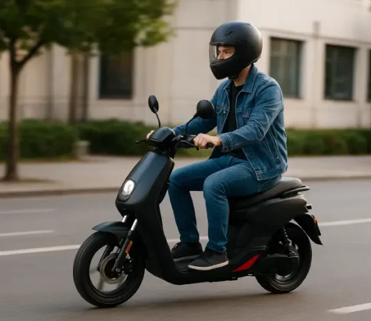 Rapaz conduz ciclomotor pela cidade usando capacete, ilustrando a importância das novas regras de uso de ciclomotores no trânsito.