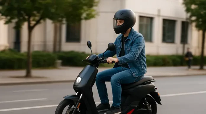 São José se prepara para novas regras de uso de ciclomotores que entram em vigor em 2026 Rapaz conduz ciclomotor pela cidade usando capacete, ilustrando a importância das novas regras de uso de ciclomotores no trânsito.