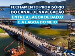 Imagem mostra as máquinas e equipes iniciando a demolição da antiga ponte da Lagoa da Conceição, parte das obras de revitalização e melhoria da infraestrutura local.