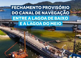 Imagem mostra as máquinas e equipes iniciando a demolição da antiga ponte da Lagoa da Conceição, parte das obras de revitalização e melhoria da infraestrutura local.
