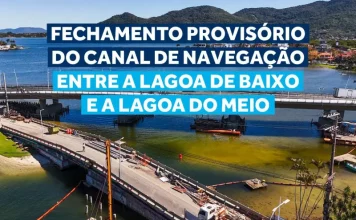 Imagem mostra as máquinas e equipes iniciando a demolição da antiga ponte da Lagoa da Conceição, parte das obras de revitalização e melhoria da infraestrutura local.