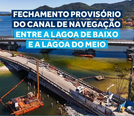 Imagem mostra as máquinas e equipes iniciando a demolição da antiga ponte da Lagoa da Conceição, parte das obras de revitalização e melhoria da infraestrutura local.