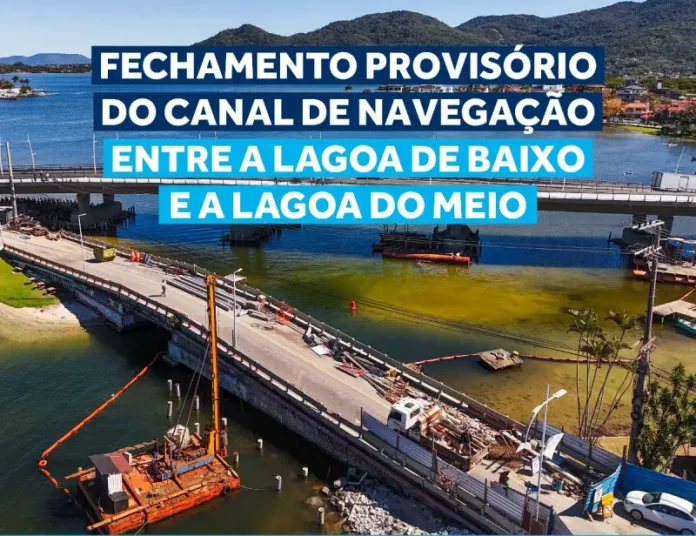 Imagem mostra as máquinas e equipes iniciando a demolição da antiga ponte da Lagoa da Conceição, parte das obras de revitalização e melhoria da infraestrutura local.