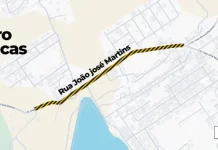 Mapa indicando os trechos com interdições temporárias na Rua João José Martins e arredores em Potecas, em São José, devido às obras da Casan para instalação de tubulações da nova ETE Potecas.
