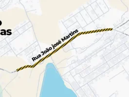 Mapa indicando os trechos com interdições temporárias na Rua João José Martins e arredores em Potecas, em São José, devido às obras da Casan para instalação de tubulações da nova ETE Potecas.