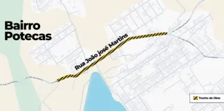 Mapa indicando os trechos com interdições temporárias na Rua João José Martins e arredores em Potecas, em São José, devido às obras da Casan para instalação de tubulações da nova ETE Potecas.