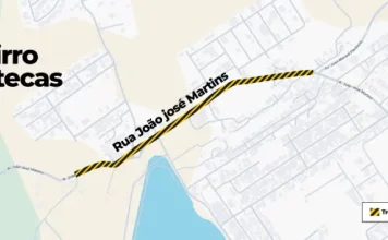 Mapa indicando os trechos com interdições temporárias na Rua João José Martins e arredores em Potecas, em São José, devido às obras da Casan para instalação de tubulações da nova ETE Potecas.