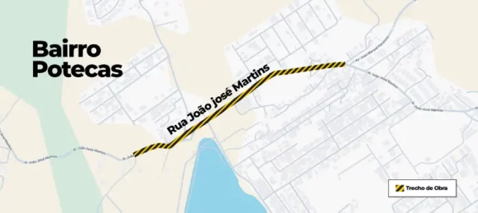 Mapa indicando os trechos com interdições temporárias na Rua João José Martins e arredores em Potecas, em São José, devido às obras da Casan para instalação de tubulações da nova ETE Potecas.