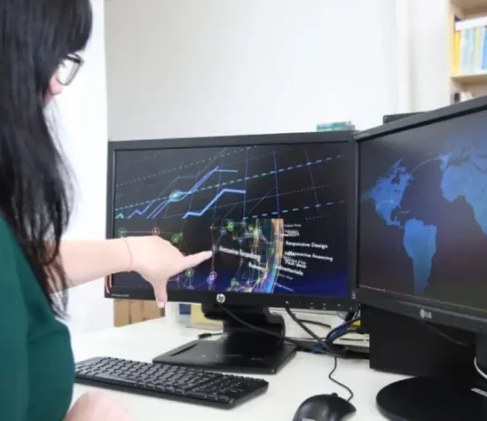 Emprego em Tecnologia da Informação e Comunicação avança 57% em Santa Catarina na última década Mulher trabalhando em frente a dois computadores, apontando para uma tela que exibe gráficos, ilustrando análise de dados e atividades no setor de tecnologia.