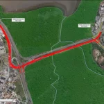 Mapa aéreo que destaca, em vermelho, o traçado previsto para as obras, mostrando o local onde o novo elevado será implantado e indicando os ajustes viários planejados na ligação entre a Avenida da Saudade e a região do CIC.