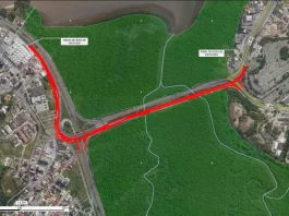Mapa aéreo que destaca, em vermelho, o traçado previsto para as obras, mostrando o local onde o novo elevado será implantado e indicando os ajustes viários planejados na ligação entre a Avenida da Saudade e a região do CIC.