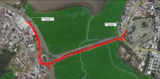 Mapa aéreo que destaca, em vermelho, o traçado previsto para as obras, mostrando o local onde o novo elevado será implantado e indicando os ajustes viários planejados na ligação entre a Avenida da Saudade e a região do CIC.