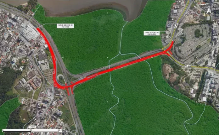 Av. da Saudade Mapa aéreo que destaca, em vermelho, o traçado previsto para as obras, mostrando o local onde o novo elevado será implantado e indicando os ajustes viários planejados na ligação entre a Avenida da Saudade e a região do CIC.