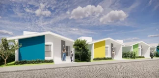 Maquete mostrando o modelo das casas do Programa Casa Catarina, destinadas a famílias com renda de até quatro salários mínimos em Santa Catarina.