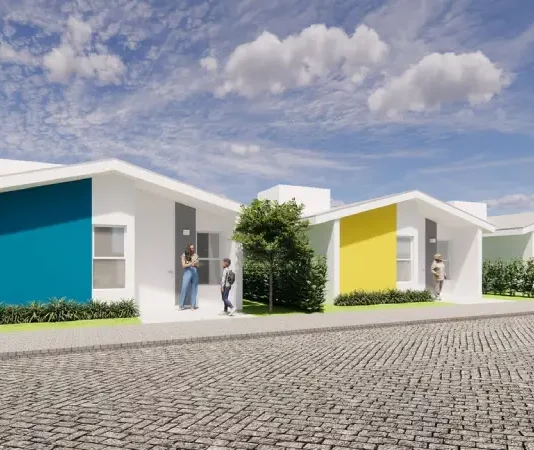 Maquete mostrando o modelo das casas do Programa Casa Catarina, destinadas a famílias com renda de até quatro salários mínimos em Santa Catarina.