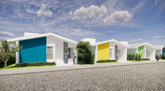 Maquete mostrando o modelo das casas do Programa Casa Catarina, destinadas a famílias com renda de até quatro salários mínimos em Santa Catarina.