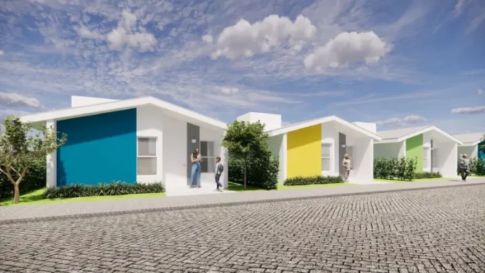 Maquete mostrando o modelo das casas do Programa Casa Catarina, destinadas a famílias com renda de até quatro salários mínimos em Santa Catarina.