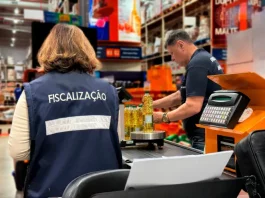 Fiscal do Inmetro-SC registra dados durante ação de fiscalização para verificar a conformidade de produtos.
