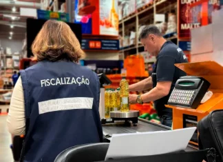 Fiscal do Inmetro-SC registra dados durante ação de fiscalização para verificar a conformidade de produtos.