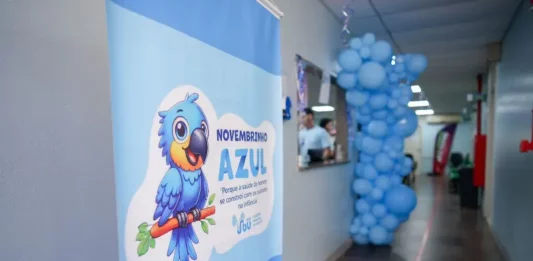 Novembrinho Azul: Hospital Infantil Joana de Gusmão faz 250 atendimentos em ação de urologia Banner do Novembrinho Azul exposto no corredor do HIJG para identificar e orientar o público sobre a ação de urologia pediátrica realizada durante o evento.