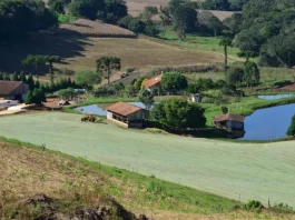 Programa Coopera Agro SC prevê 40 mil empregos e R$ 26 bilhões de investimentos no campo Imagem de uma propriedade rural com casa, açudes e trator em operação, ilustrando os investimentos e a geração de empregos do programa Coopera Agro SC no campo.