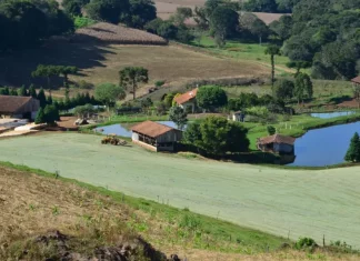 Imagem de uma propriedade rural com casa, açudes e trator em operação, ilustrando os investimentos e a geração de empregos do programa Coopera Agro SC no campo.