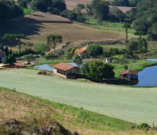 Programa Coopera Agro SC prevê 40 mil empregos e R$ 26 bilhões de investimentos no campo Imagem de uma propriedade rural com casa, açudes e trator em operação, ilustrando os investimentos e a geração de empregos do programa Coopera Agro SC no campo.