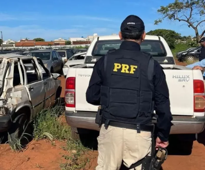 Policial rodoviário inspeciona veículos que irão a leilão, verificando condições e documentação.