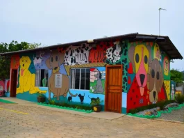 Imagem mostra o prédio colorido do Programa ReabilitaCão, com murais de cães nas paredes externas, ilustrando o espaço onde internos cuidam e treinam animais resgatados como parte do processo de ressocialização.