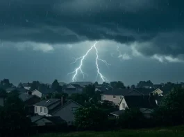 Imagem mostra um forte raio atingindo a região próxima a um bairro residencial durante uma tempestade, ilustrando a condição de tempo instável e o risco de temporais previstos na matéria.