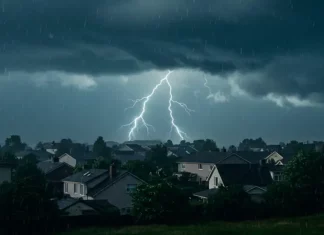 Imagem mostra um forte raio atingindo a região próxima a um bairro residencial durante uma tempestade, ilustrando a condição de tempo instável e o risco de temporais previstos na matéria.
