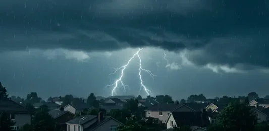 Imagem mostra um forte raio atingindo a região próxima a um bairro residencial durante uma tempestade, ilustrando a condição de tempo instável e o risco de temporais previstos na matéria.