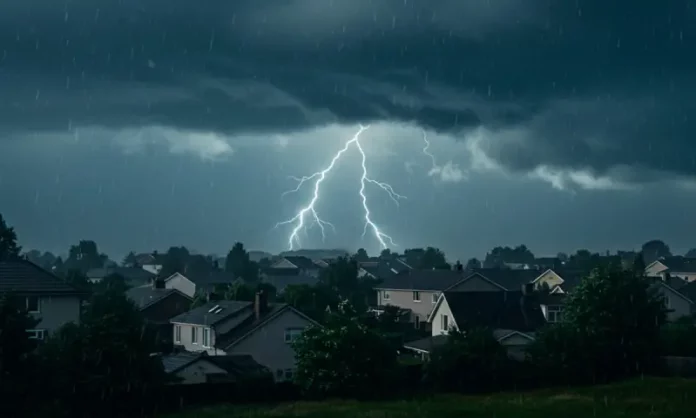 Imagem mostra um forte raio atingindo a região próxima a um bairro residencial durante uma tempestade, ilustrando a condição de tempo instável e o risco de temporais previstos na matéria.