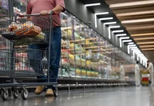 Mulher realizando compras em supermercado, com carrinho contendo alguns produtos, simbolizando o crescimento dos supermercados em 2026