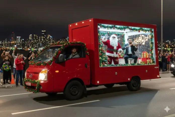 Caminhão Vitrine Natal São José Caminhão vitrine do evento Natal de Todos circula pelas ruas de São José exibindo Papai Noel e um violinista em apresentação ao vivo, com a finalidade de levar música e clima natalino aos bairros.