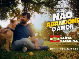 Homem sentado em um parque abraça seu cachorro; banner da campanha do Governo de SC sobre abandono de animais ao fundo, destacando a conscientização e o cuidado com os pets.