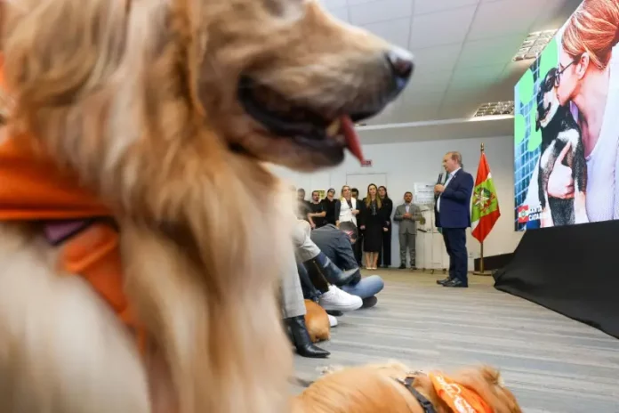 Pet Levado a Sério Evento oficial do Governo de Santa Catarina apresenta o programa Pet Levado a Sério, mostrando cães presentes na cerimônia enquanto autoridades explicam as ações de bem-estar animal.